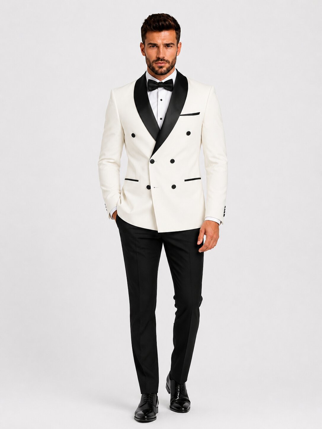 Ivory Double Breasted Tuxedo Black Satin Shawl Lapel Wedding Suit