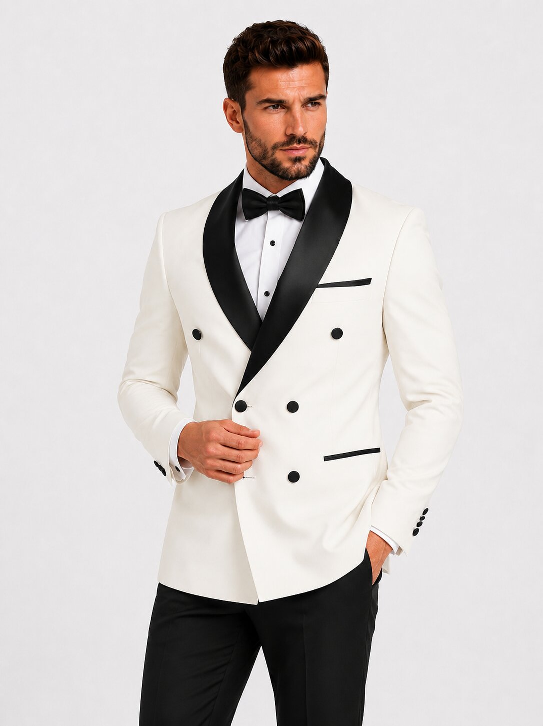 Ivory Double Breasted Tuxedo Black Satin Shawl Lapel Wedding Suit