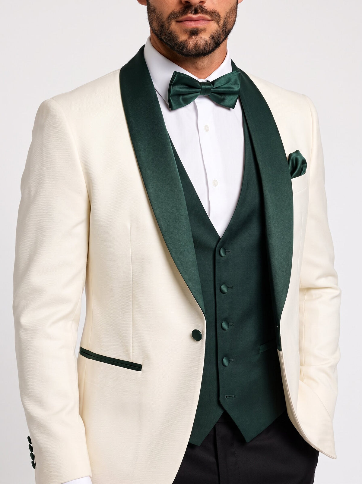 Men’s Ivory & Dark Green Shawl Lapel 3-Piece Tuxedo