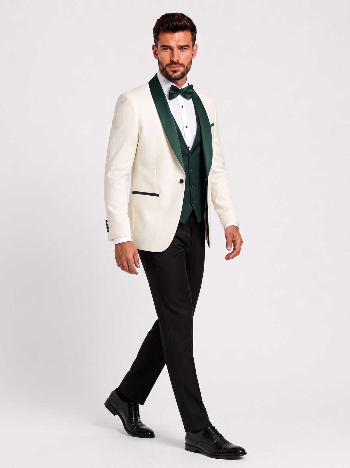Men’s Ivory & Dark Green Shawl Lapel 3-Piece Tuxedo