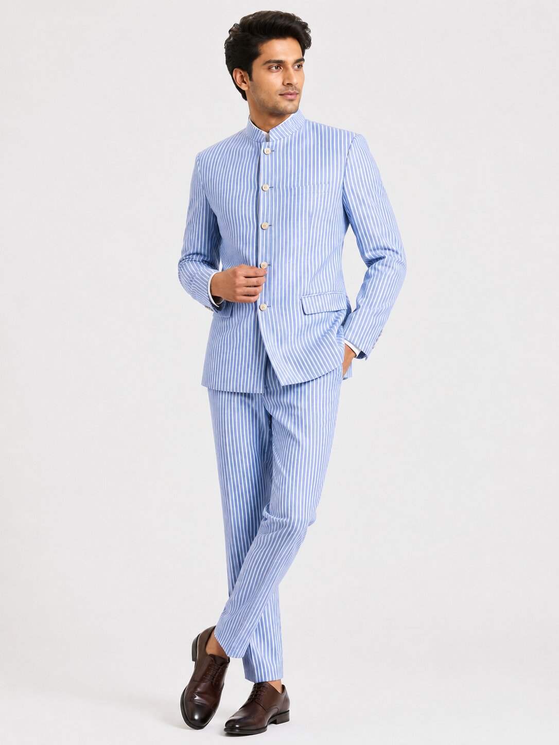 Light Blue Seersucker Nehru Suit