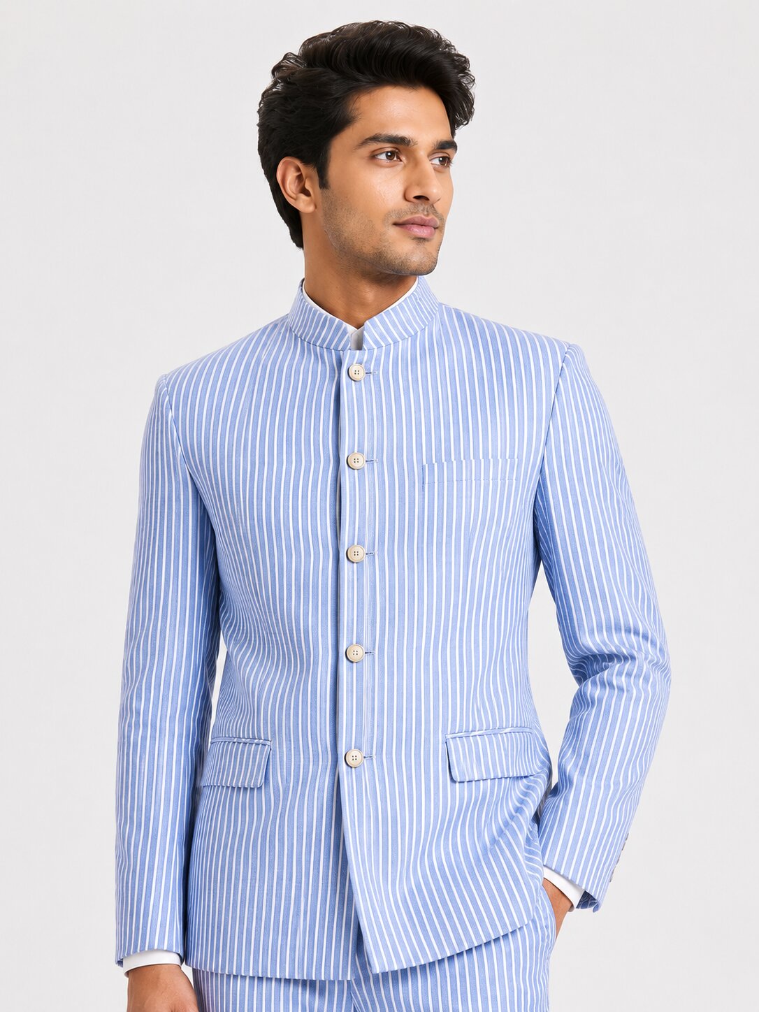Light Blue Seersucker Nehru Suit