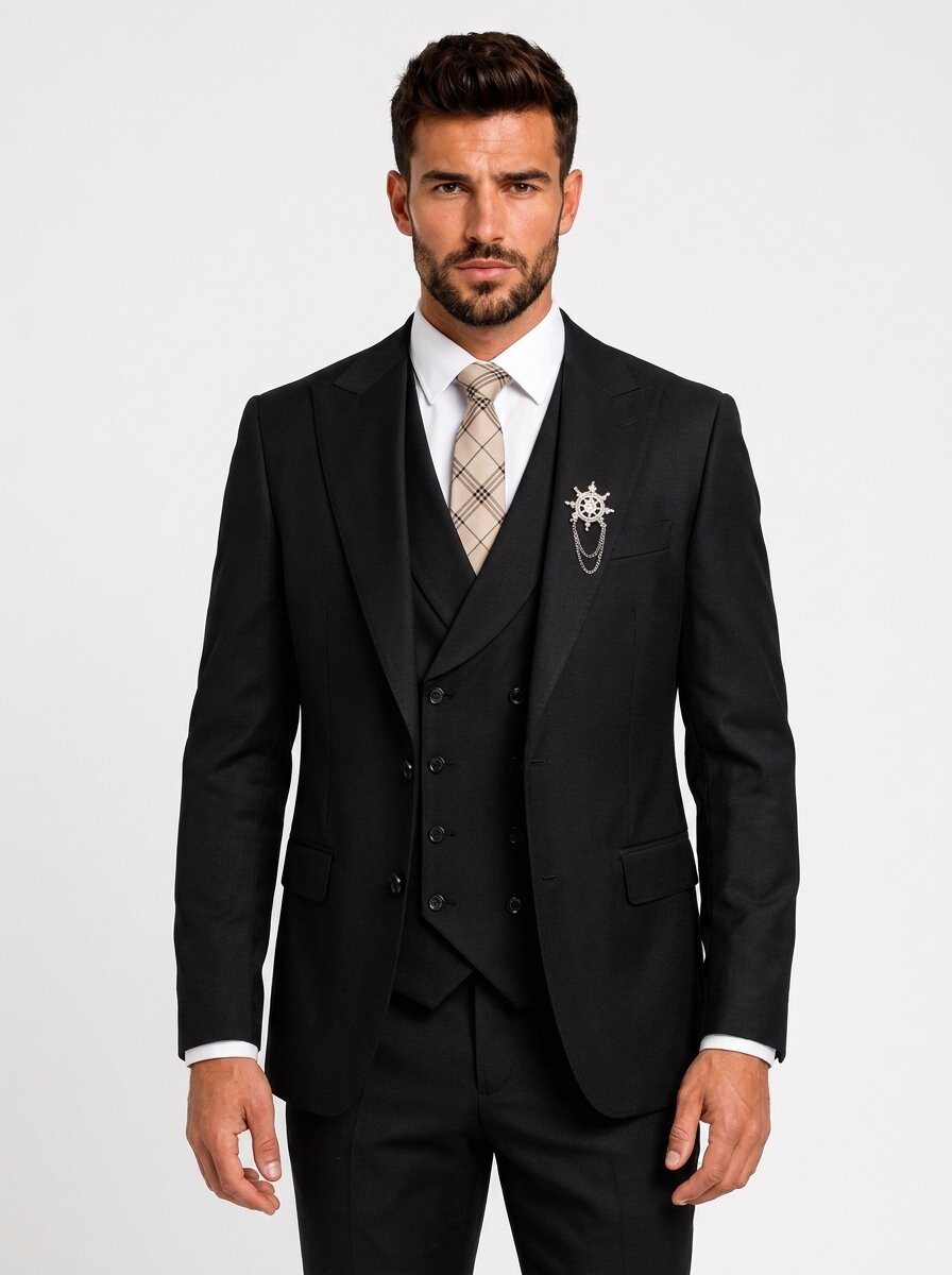 Men’s Black 3-Piece Suit with Double-Breasted Vest