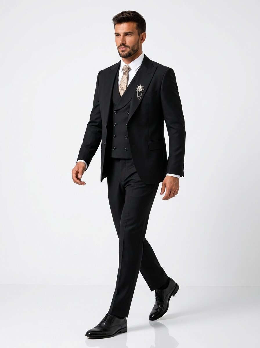 Men’s Black 3-Piece Suit with Double-Breasted Vest