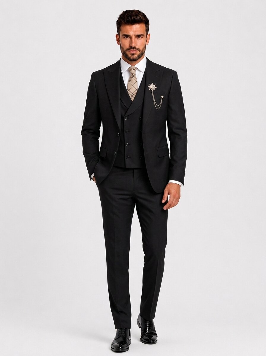 Men’s Black 3-Piece Suit with Double-Breasted Vest