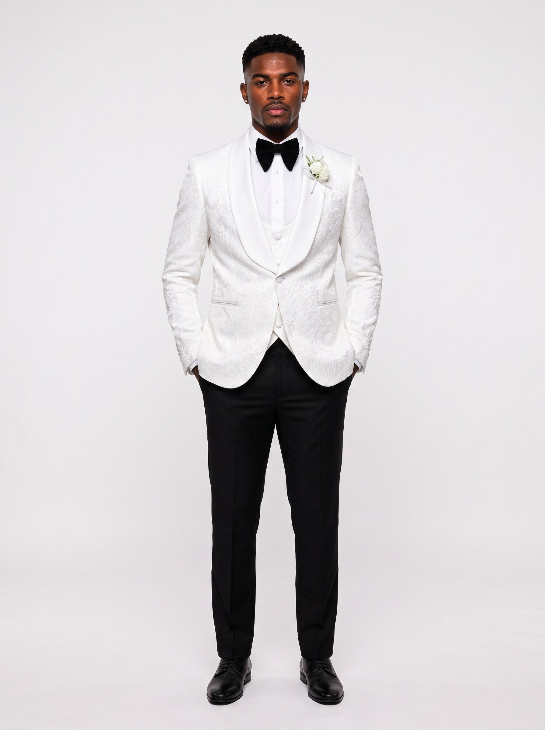 Men’s Floral Jacquard 3 Piece Tuxedo Set white