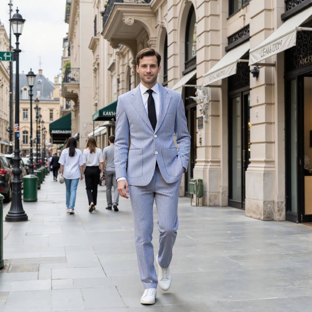 Men’s Pinstripe Seersucker Suit – Lightweight Summer Wedding Suit for Beach & Outdoor Events