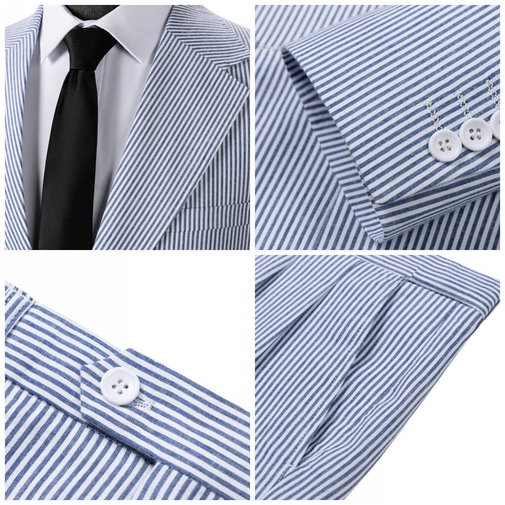 Men’s Pinstripe Seersucker Suit – Lightweight Summer Wedding Suit for Beach & Outdoor Events