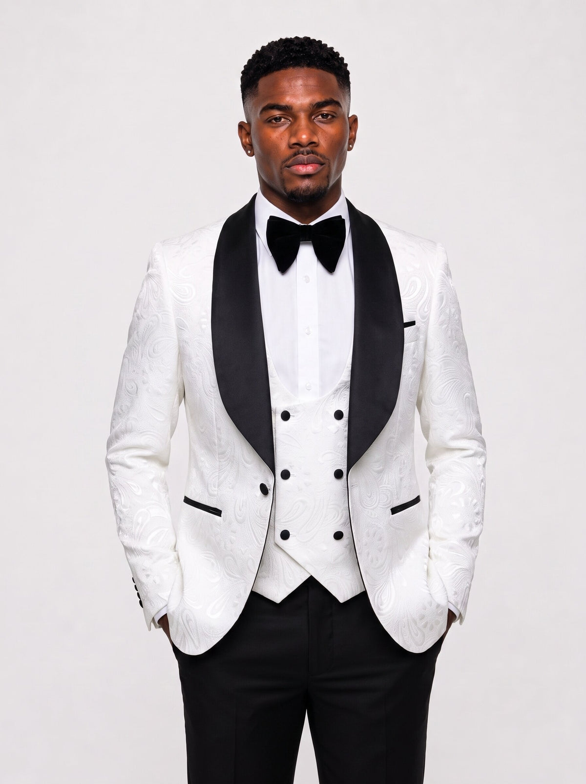Men’s White Tuxedo with Black Shawl Lapel