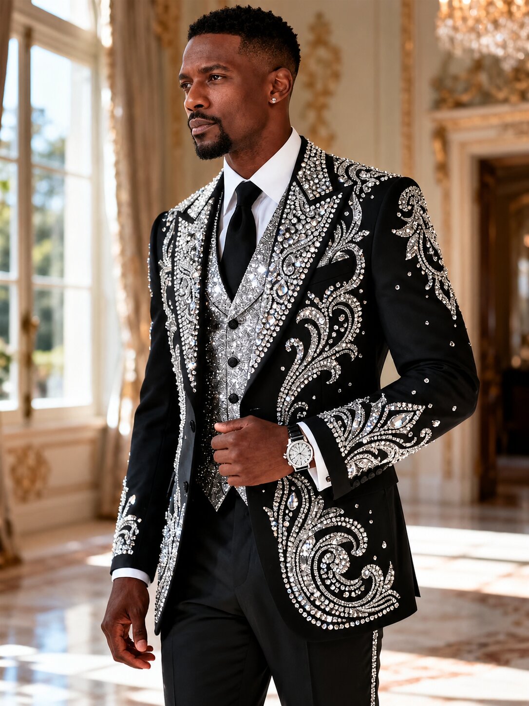 Men's Luxury Black Rhinestone Embroidered Tuxedo Suit
