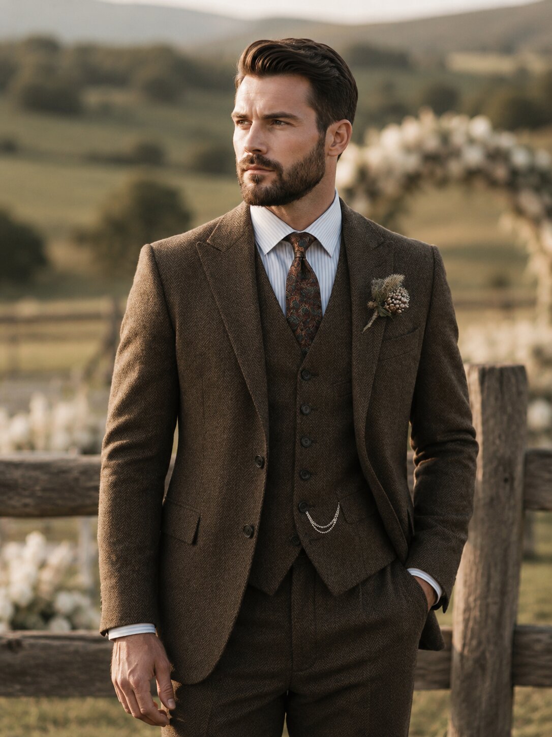 Men's 3-Piece Herringbone Suit Vintage Style