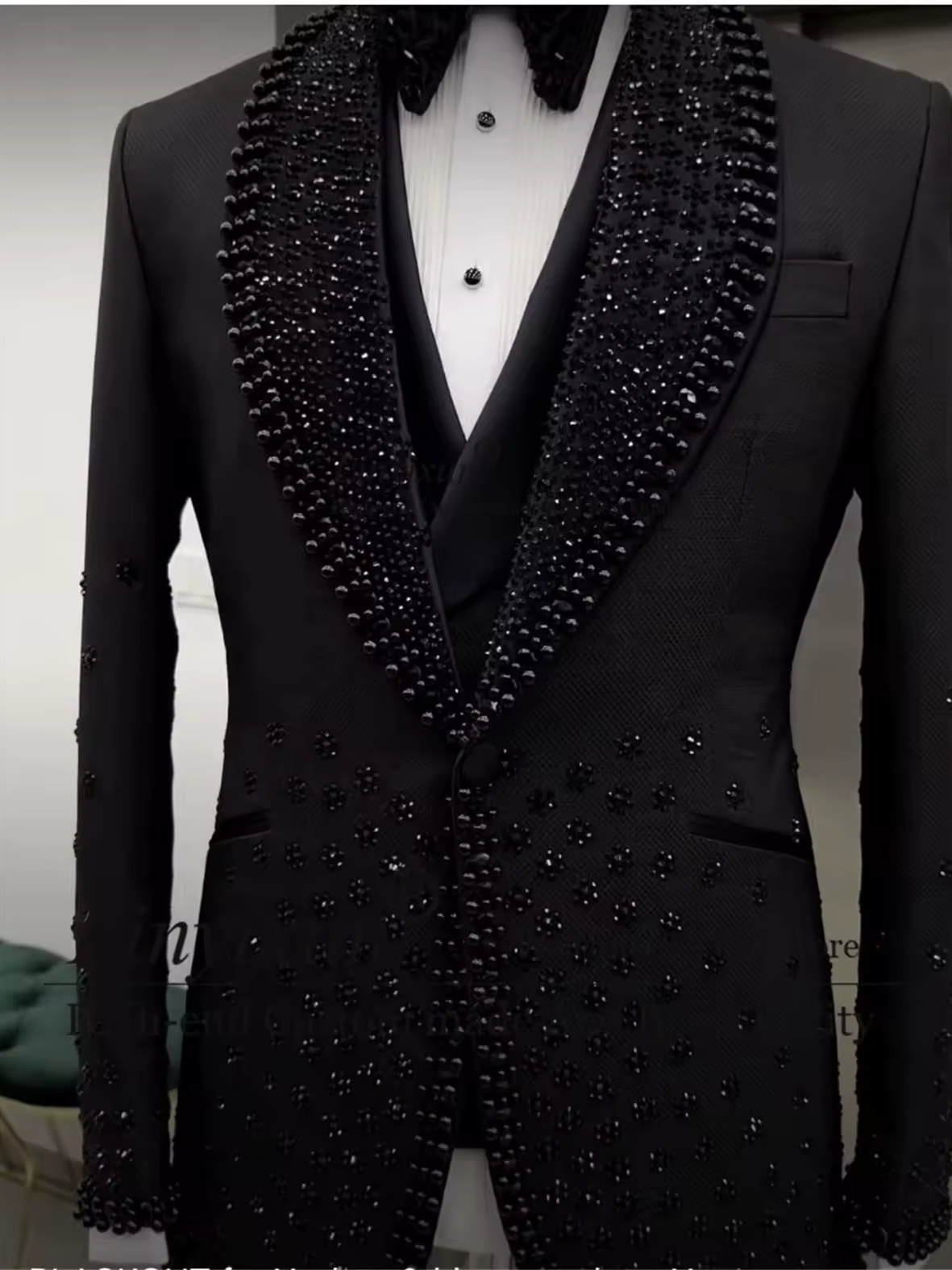 Men's Black Rhinestone Suit 3 Piece Wedding Tuxedo 