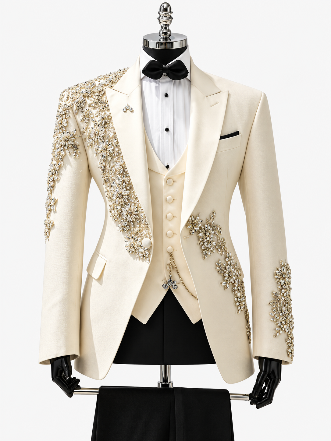 Men's Ivory & Black Floral Rhinestone 3-Piece Tuxedo Suit