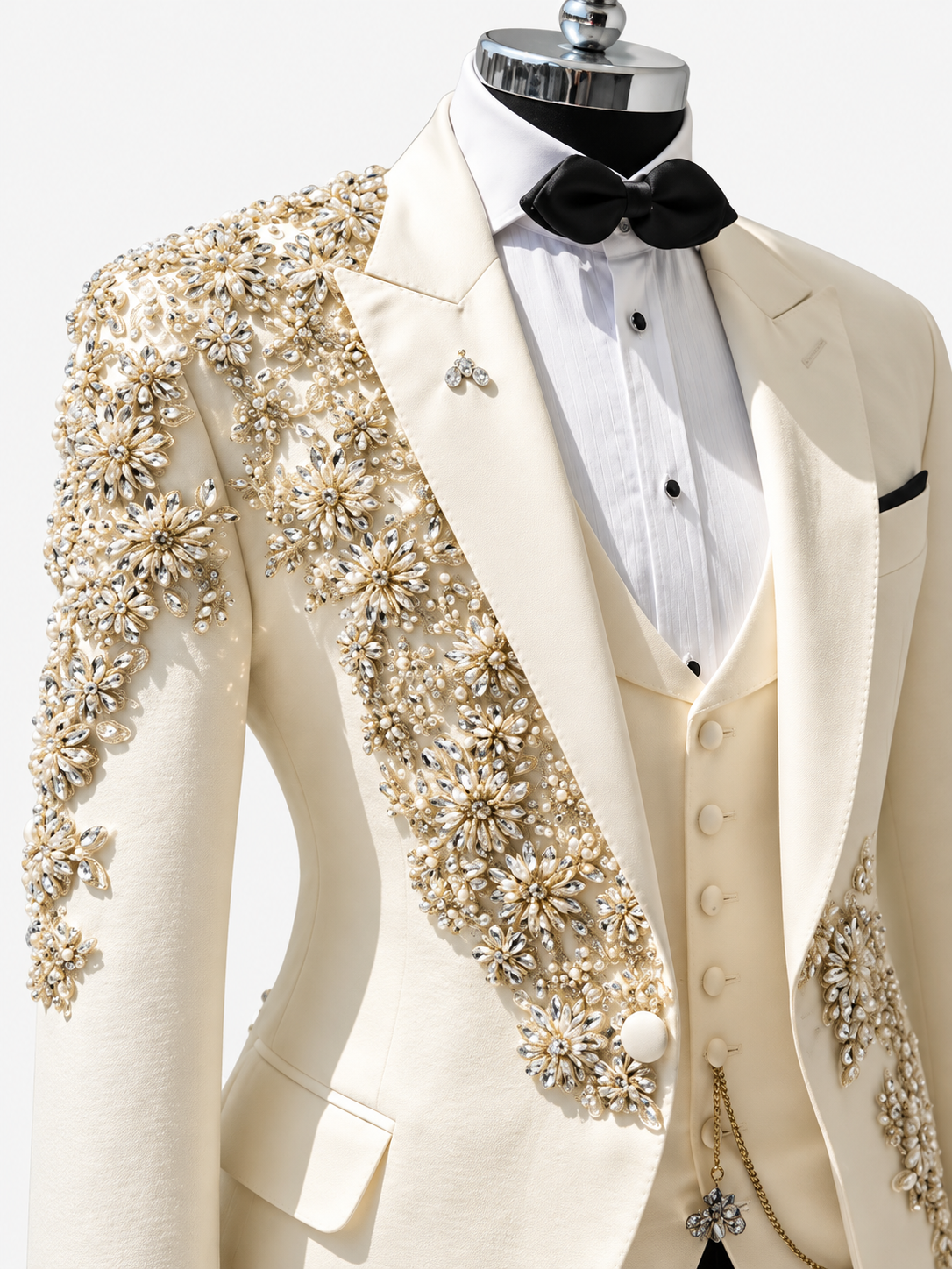 Men's Ivory & Black Floral Rhinestone 3-Piece Tuxedo Suit