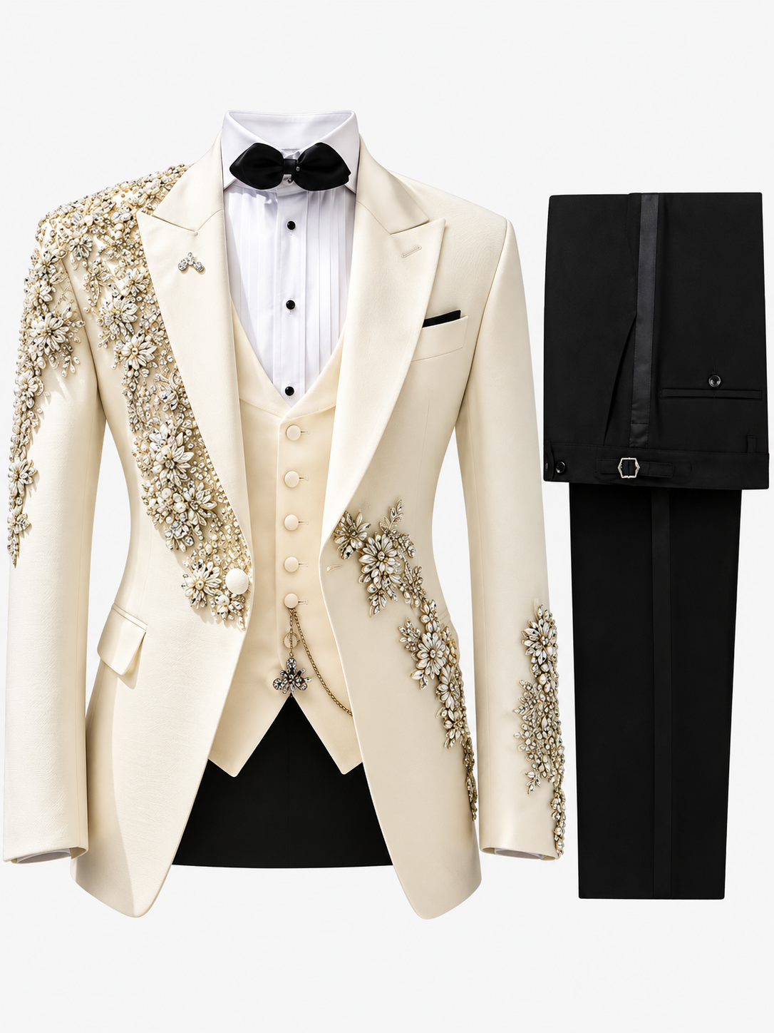Men's Ivory & Black Floral Rhinestone 3-Piece Tuxedo Suit set