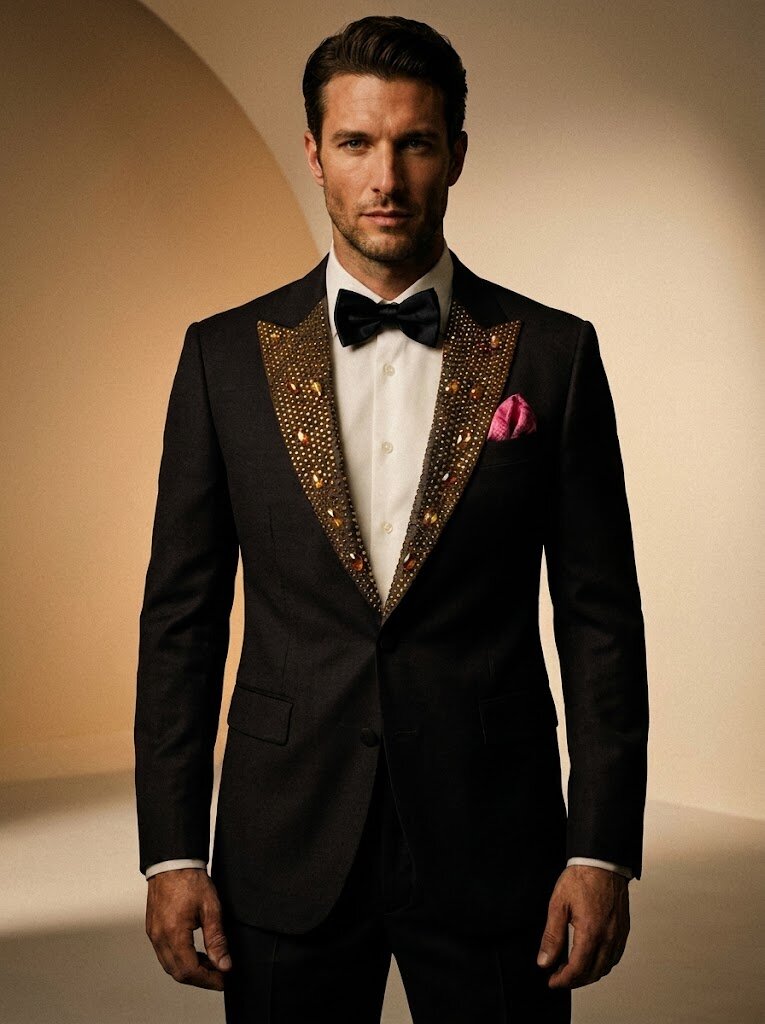 Men’s Rhinestone Peak Lapel Tuxedo Suit Luxury Prom & Wedding Dinner Jacket Pants