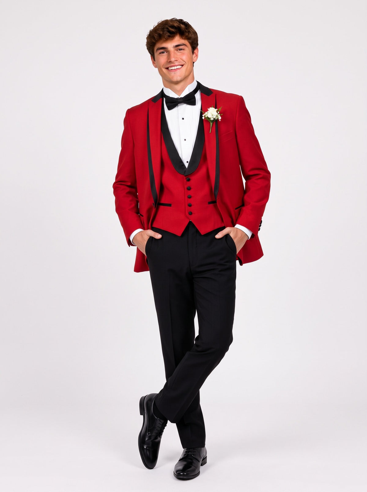 Men’s Red & Black Peak Lapel 3-Piece Prom Tuxedo