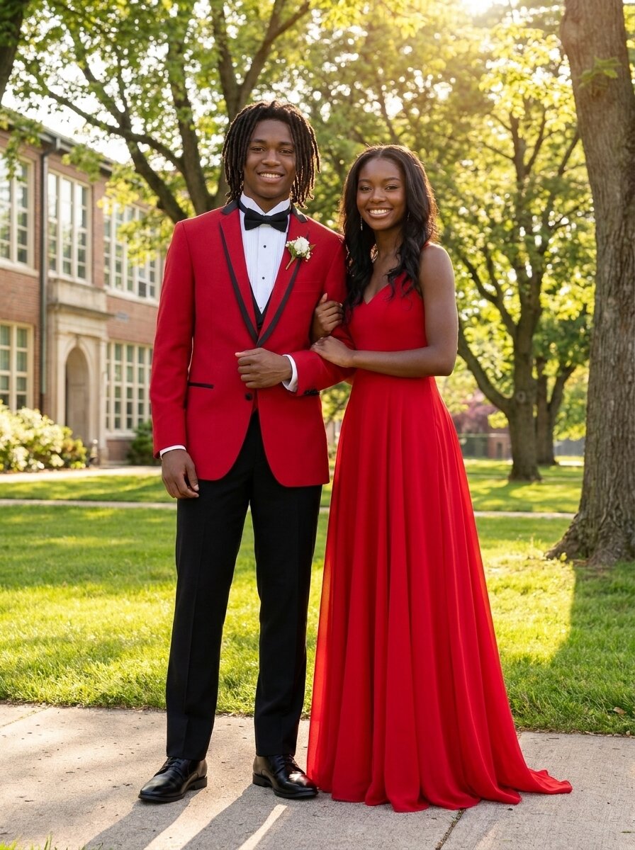 Men’s Red & Black Peak Lapel 3-Piece Prom Tuxedo
