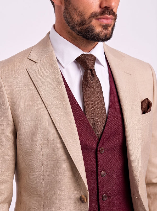 Men’s Beige & Burgundy 3-Piece Wedding Suit
