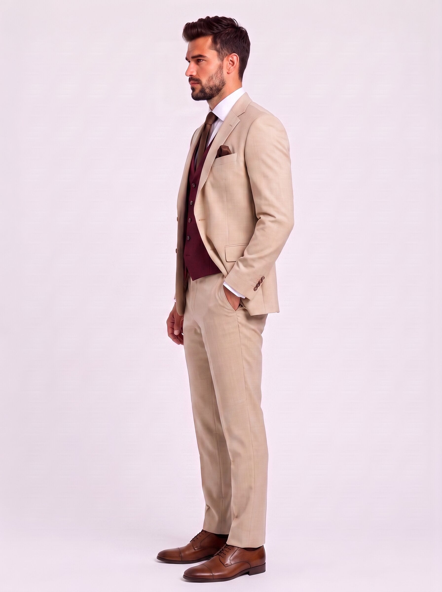 Men’s Beige & Burgundy 3-Piece Wedding Suit