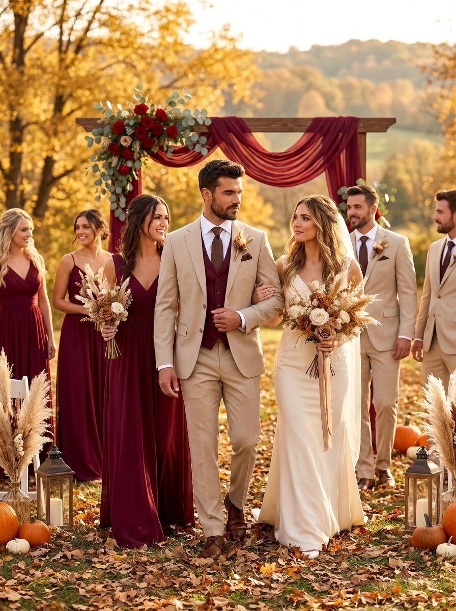 Men’s Beige & Burgundy 3-Piece Wedding Suit