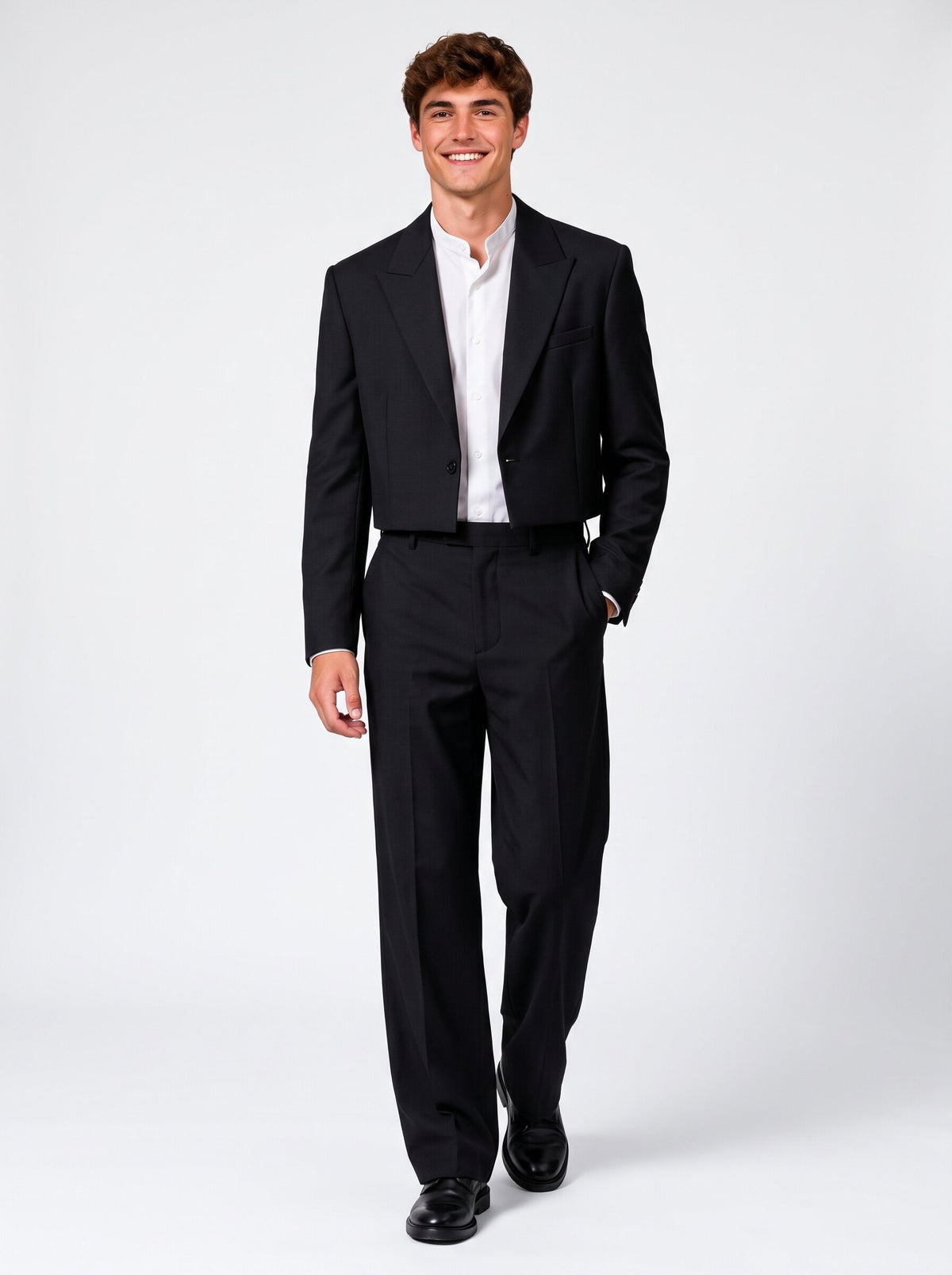 Men’s Black 2-Piece Suit with Cropped Blazer & Wide-Leg Trousers