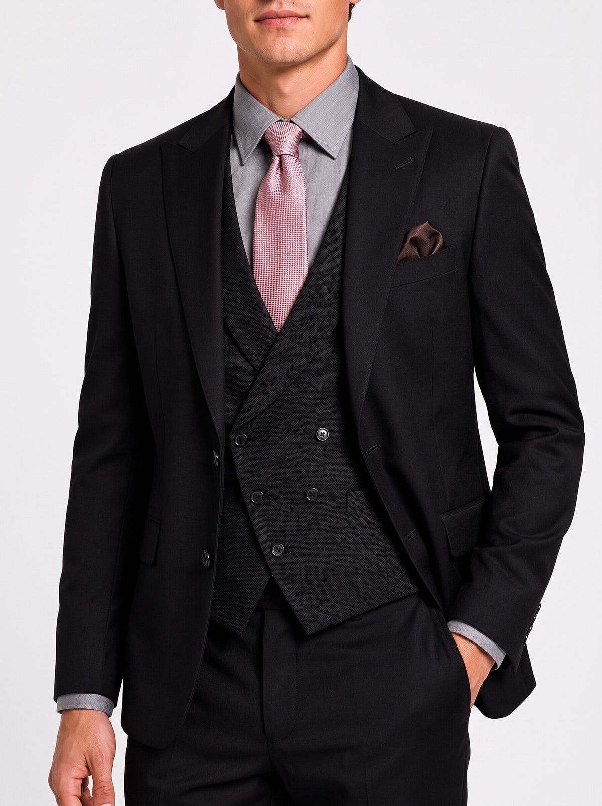 Men’s Black 3-Piece Suit with Shawl Collar Double-Breasted Vest