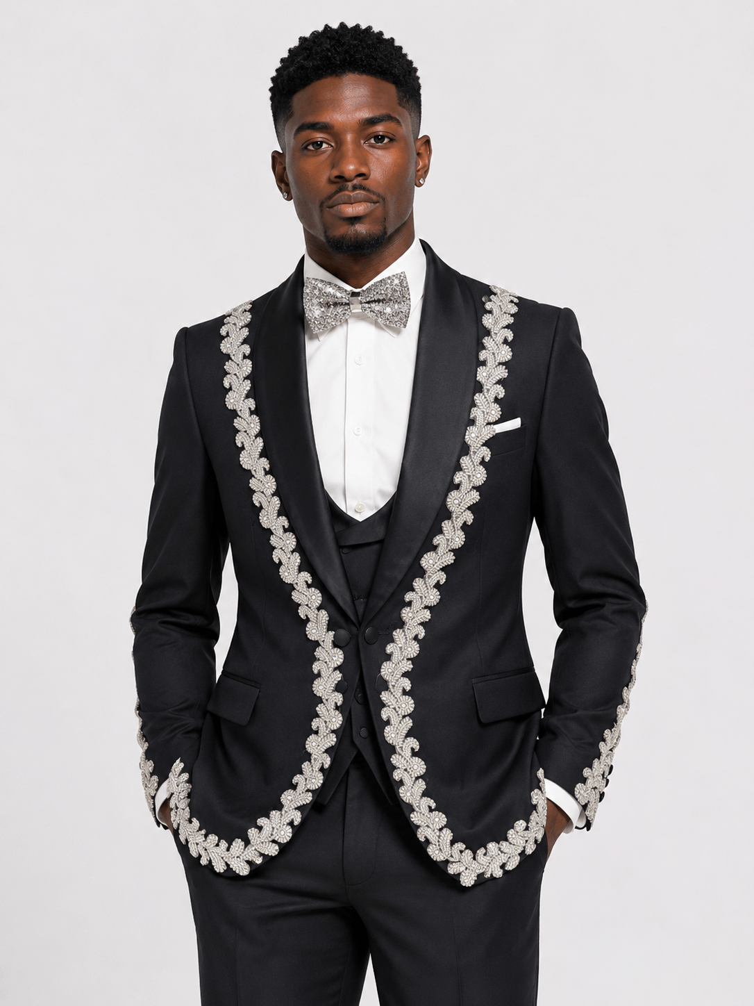 Men’s Black Beaded Appliques Tuxedo 3 Piece Suit