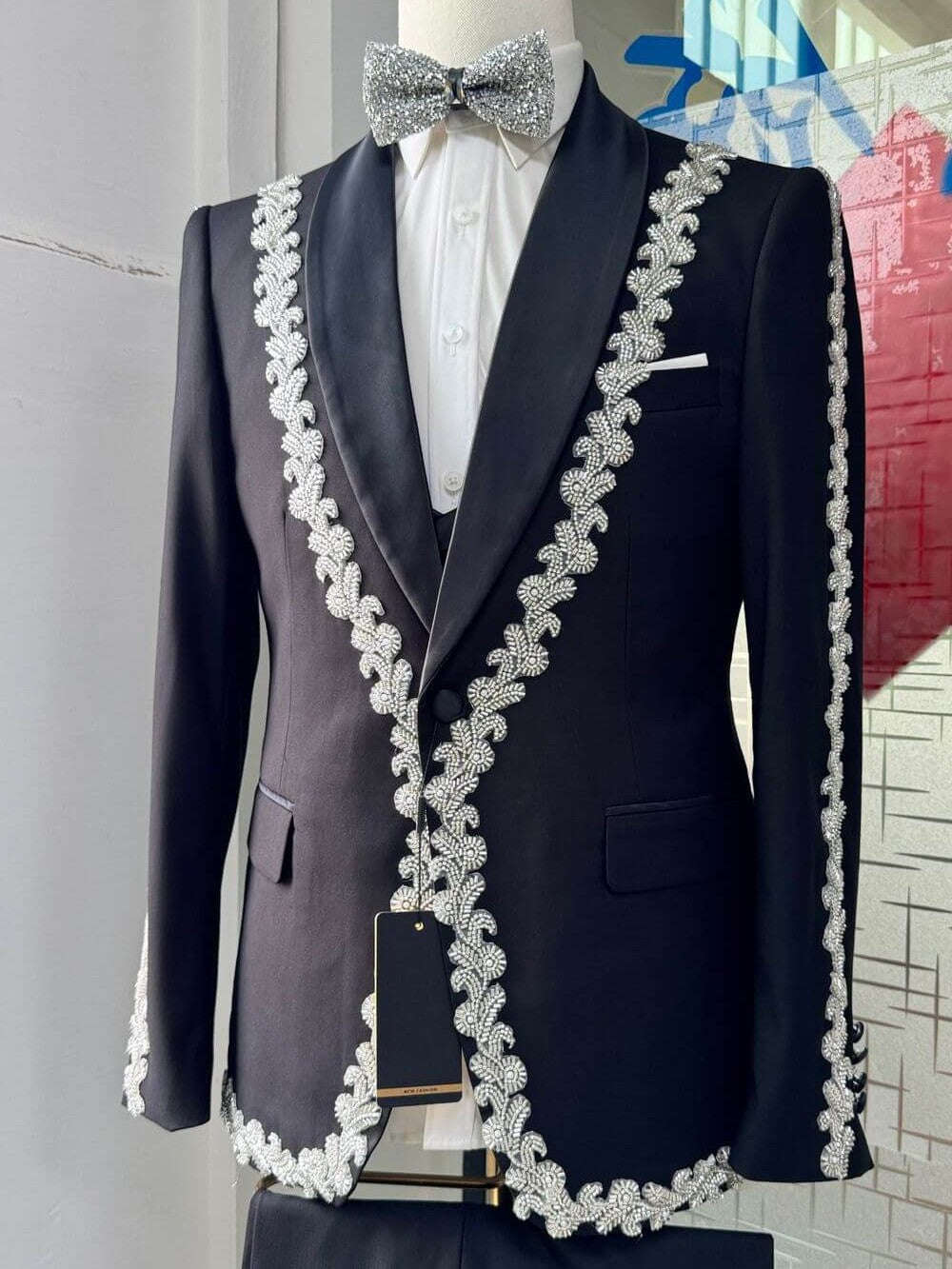 Men’s Black Beaded Appliques Tuxedo 3 Piece Suit