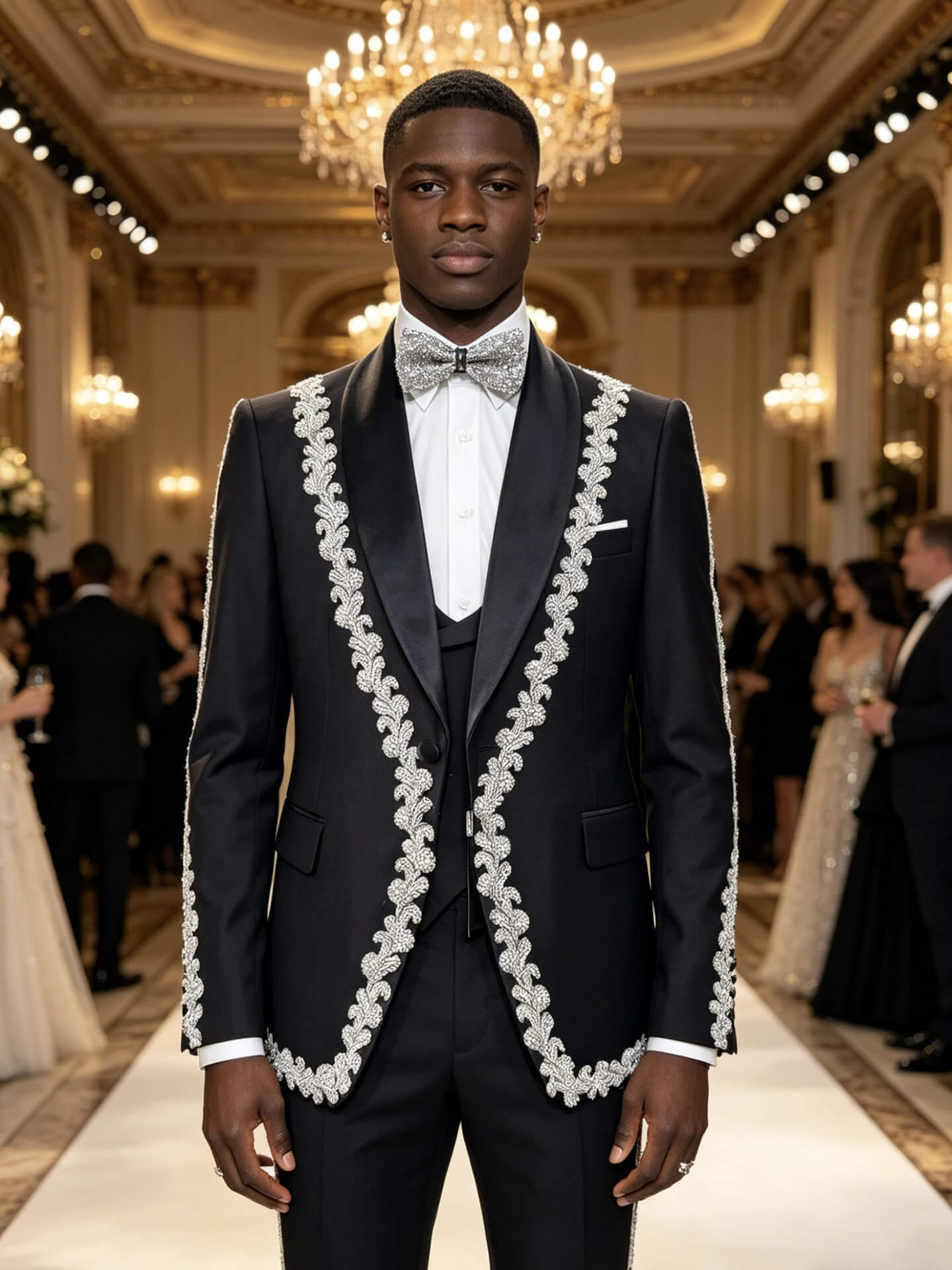 Men’s Black Beaded Appliques Tuxedo 3 Piece Suit