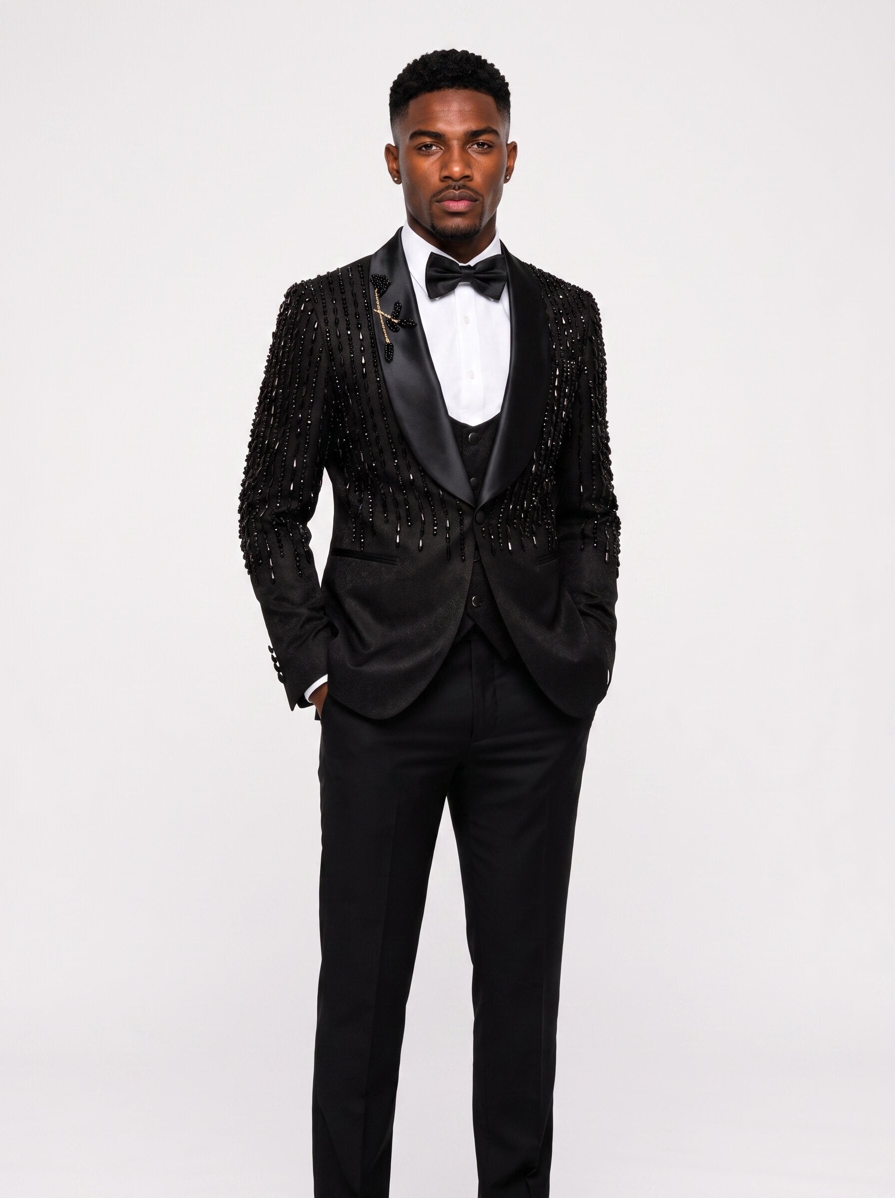 Men's Black Beaded Fringe 3 Piece Tuxedo