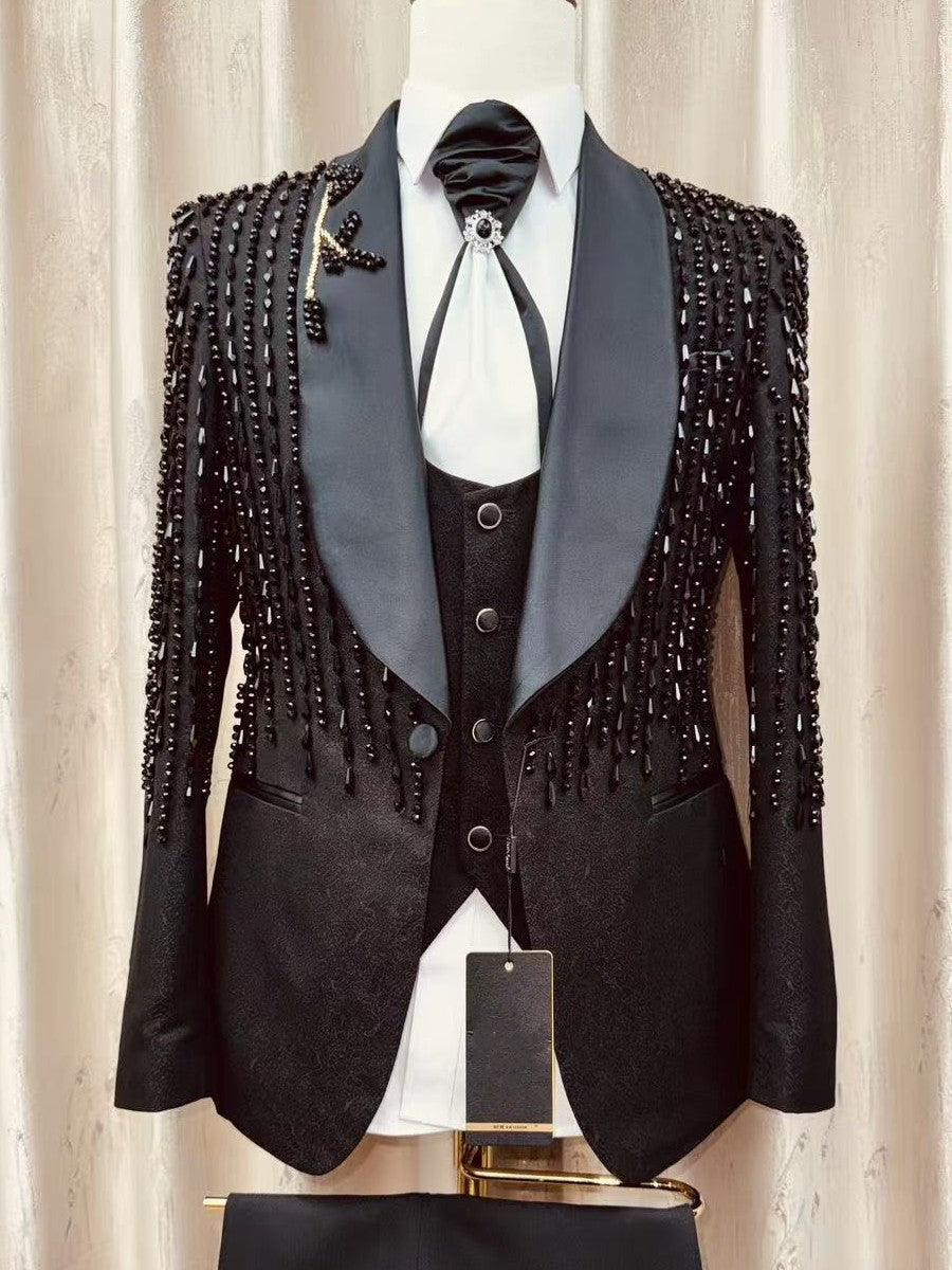 Men's Black Beaded Fringe 3 Piece Tuxedo