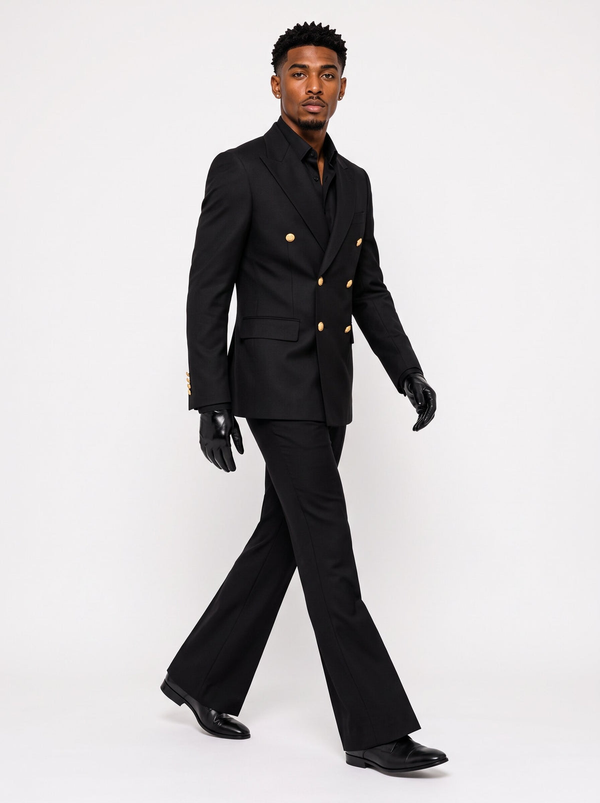 Men’s Black Double-Breasted 2-Piece Suit with Gold Buttons & Flared Trousers