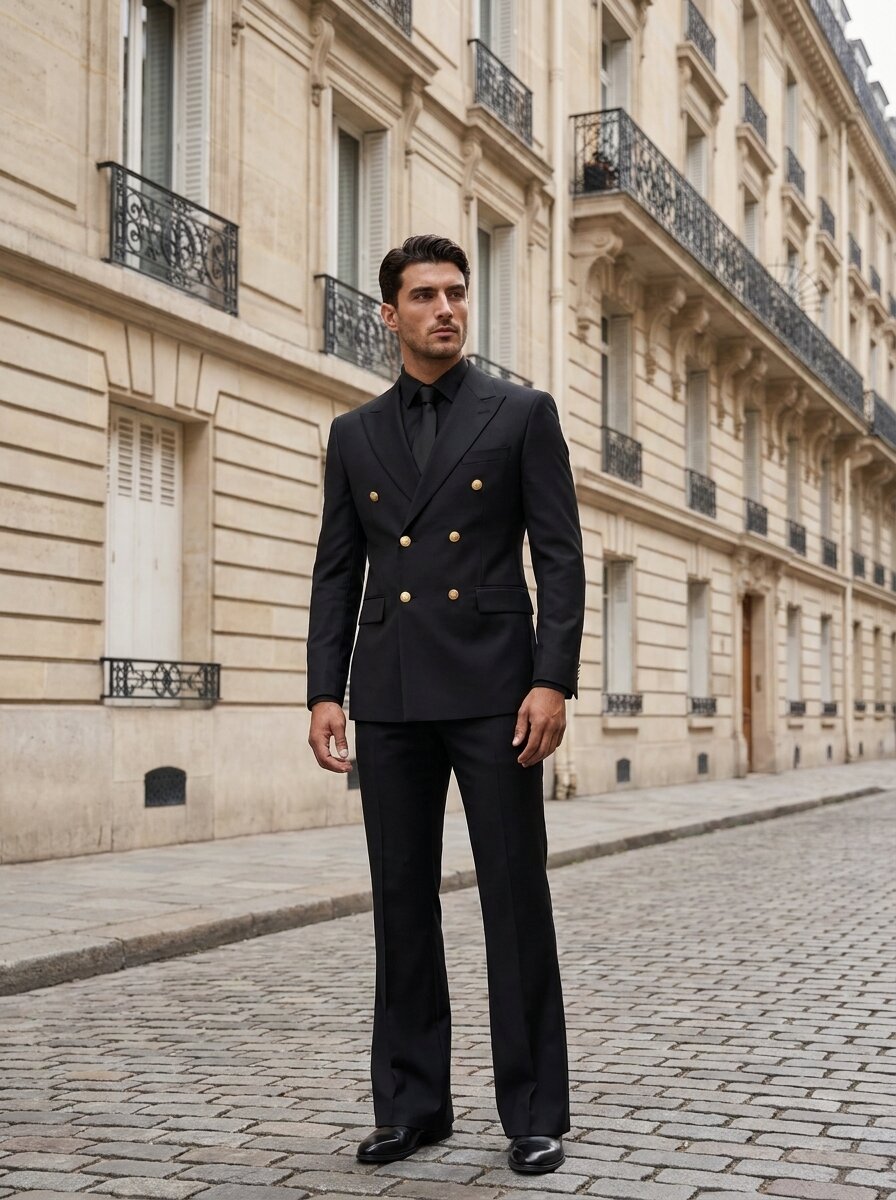 Men’s Black Double-Breasted 2-Piece Suit with Gold Buttons & Flared Trousers