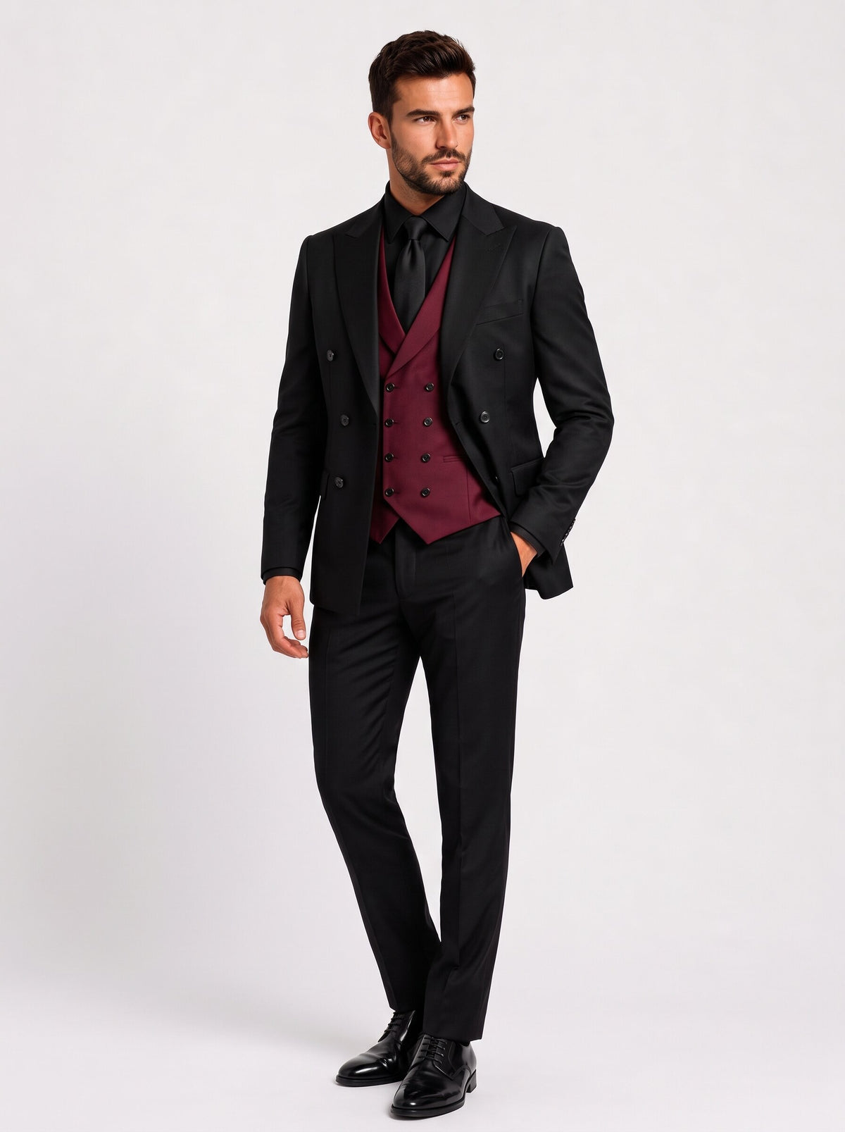 Men’s Black Double-Breasted 3-Piece Suit with Burgundy Vest