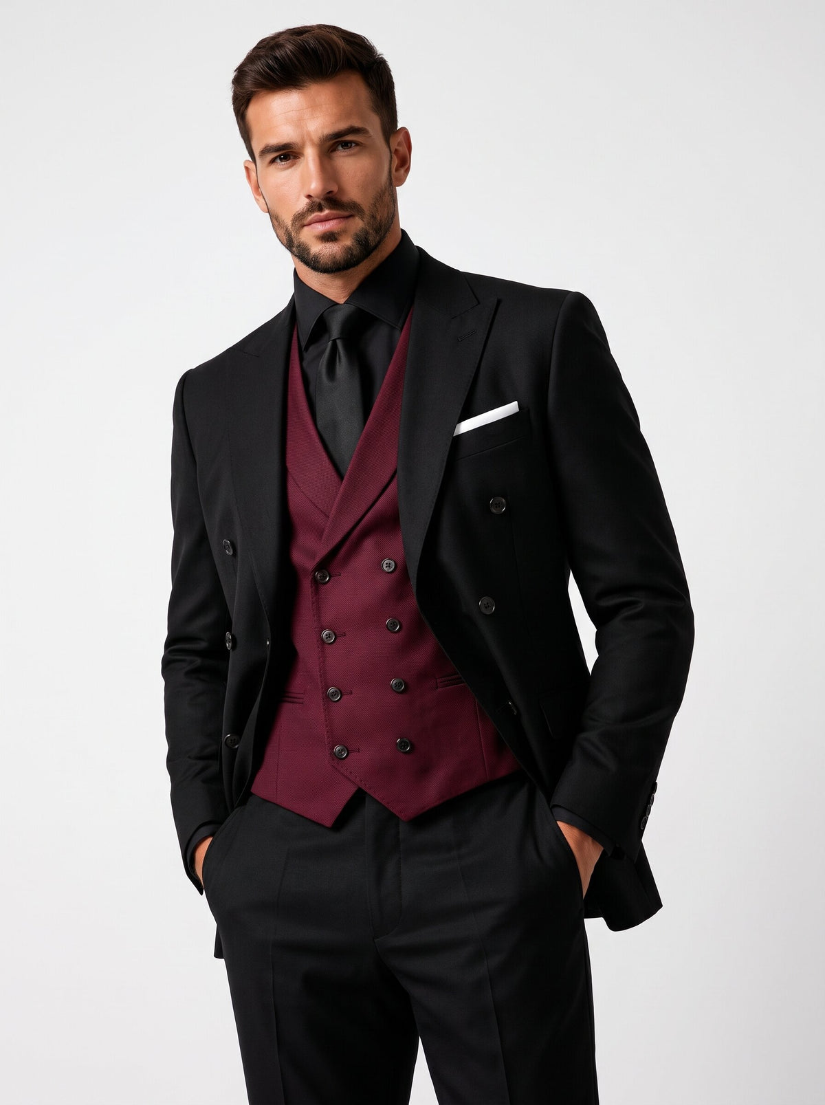 Men’s Black Double-Breasted 3-Piece Suit with Burgundy Vest