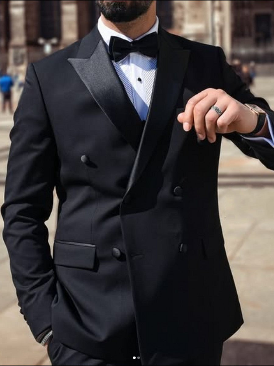 Men's Black Double-Breasted Peak Lapel Tuxedo