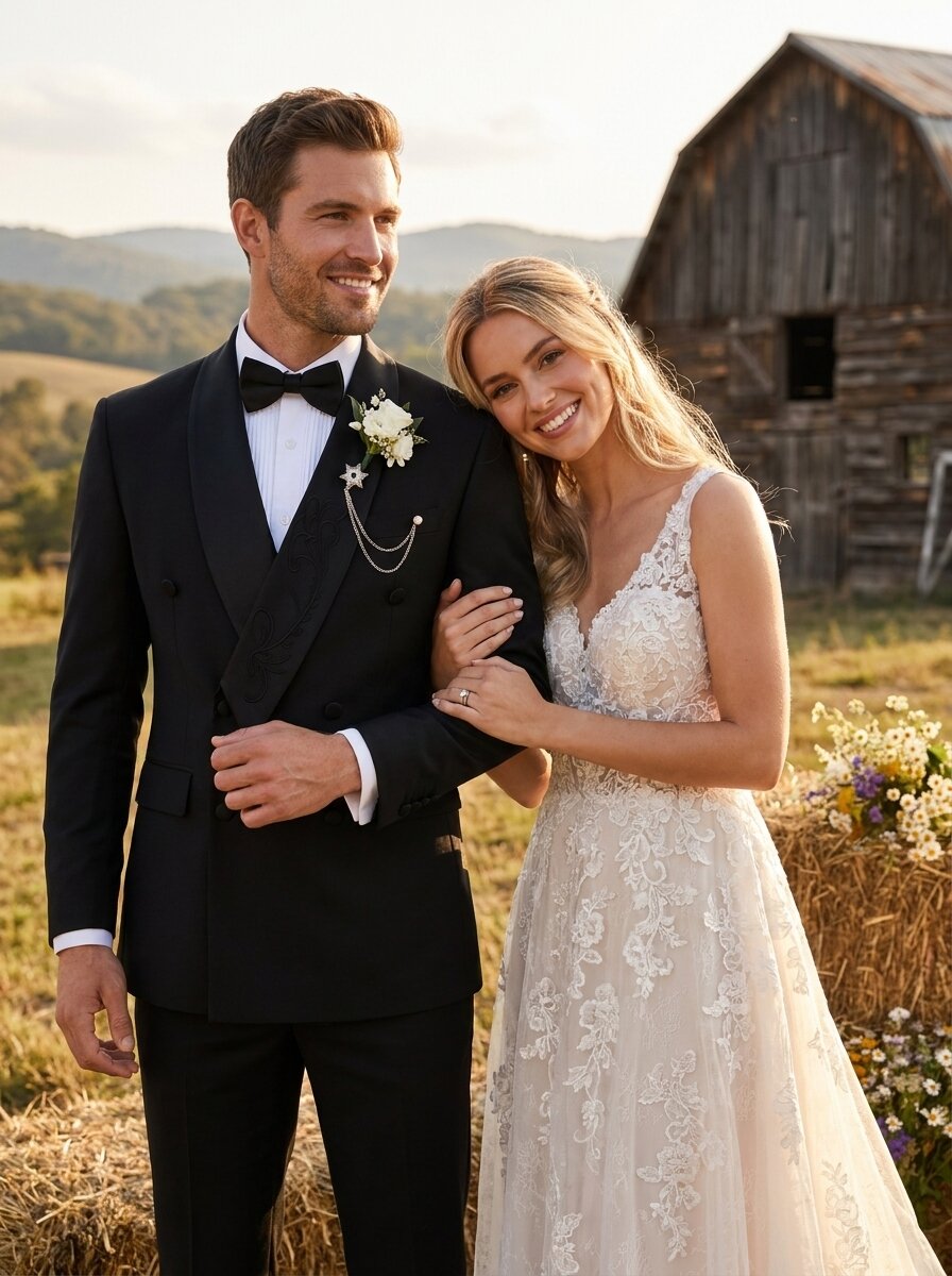 Men’s Black Double-Breasted Tuxedo with Embroidered Satin Shawl Lapel