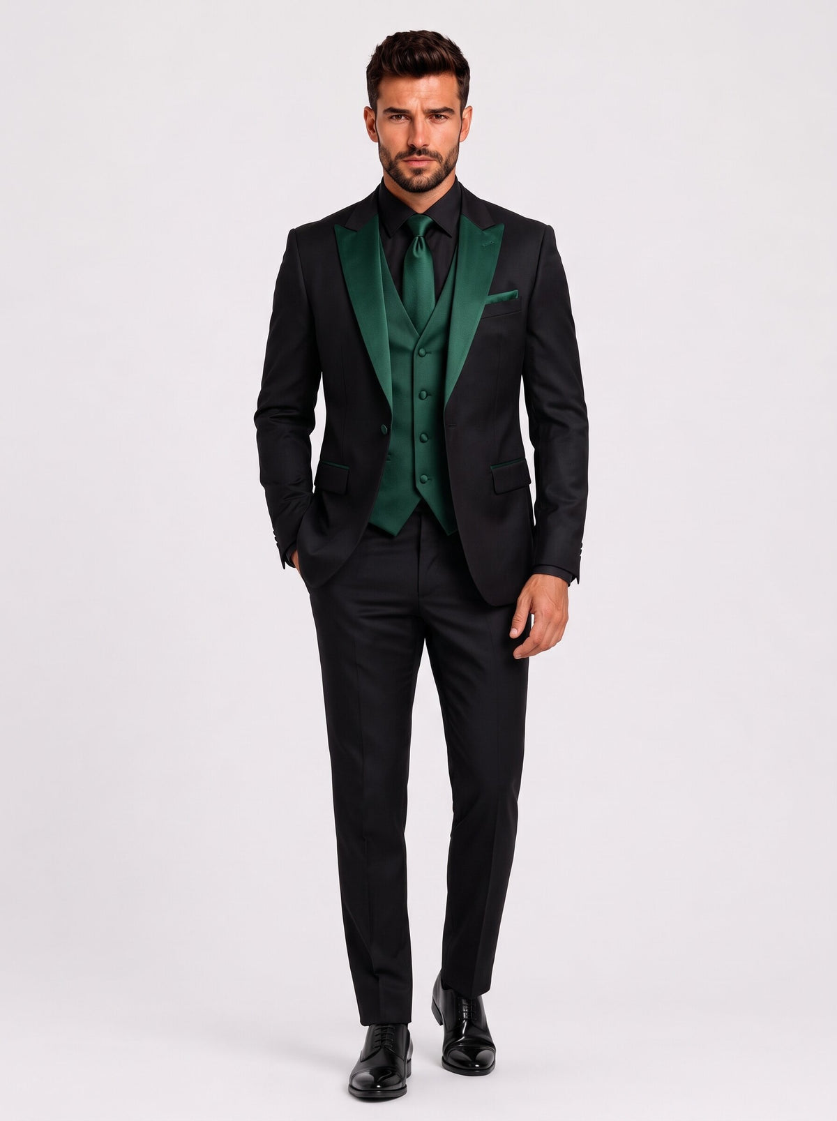 Men’s Black & Emerald Tuxedo – Peak Lapel Blazer with Green Vest