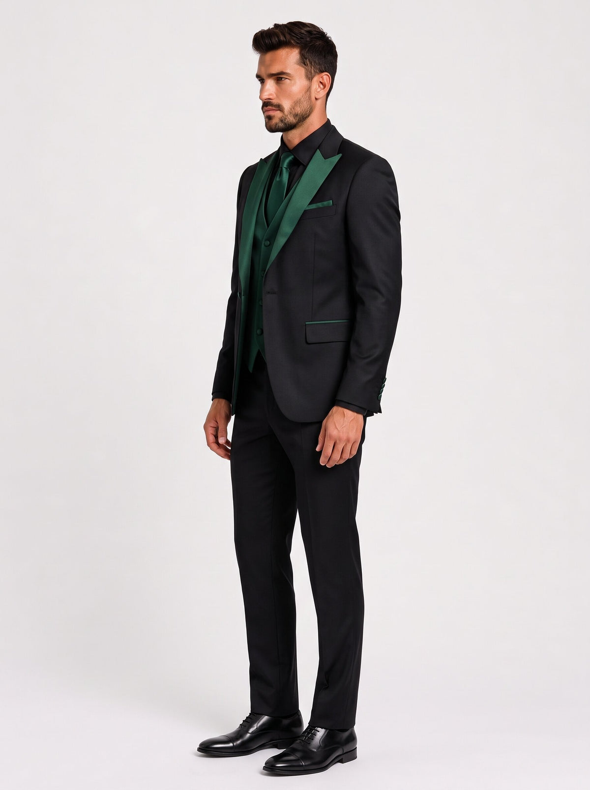 Men’s Black & Emerald Tuxedo – Peak Lapel Blazer with Green Vest