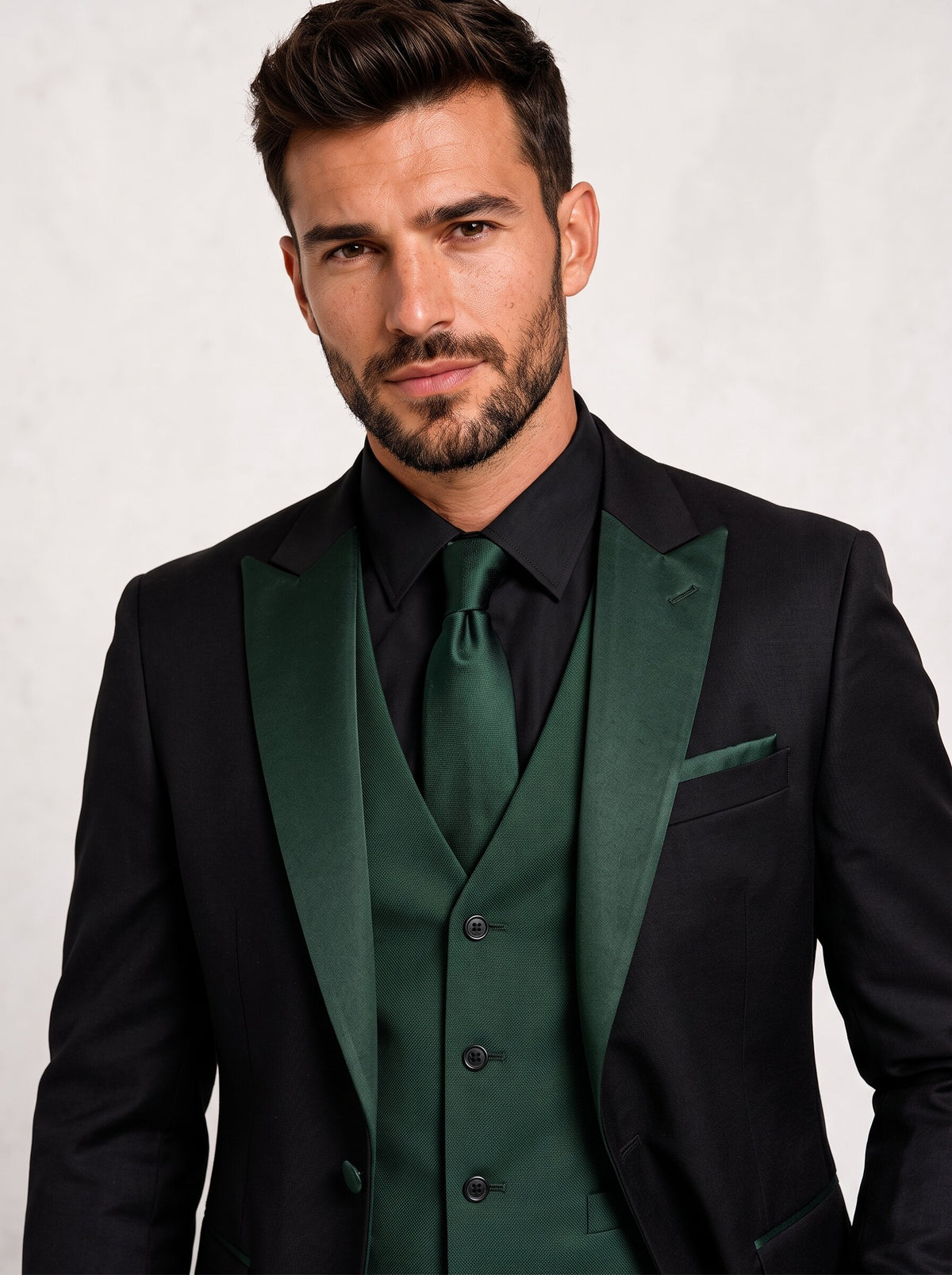 Men’s Black & Emerald Tuxedo – Peak Lapel Blazer with Green Vest