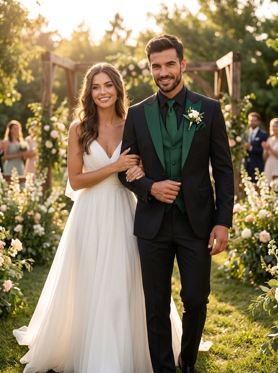 Men’s Black & Emerald Tuxedo – Peak Lapel Blazer with Green Vest