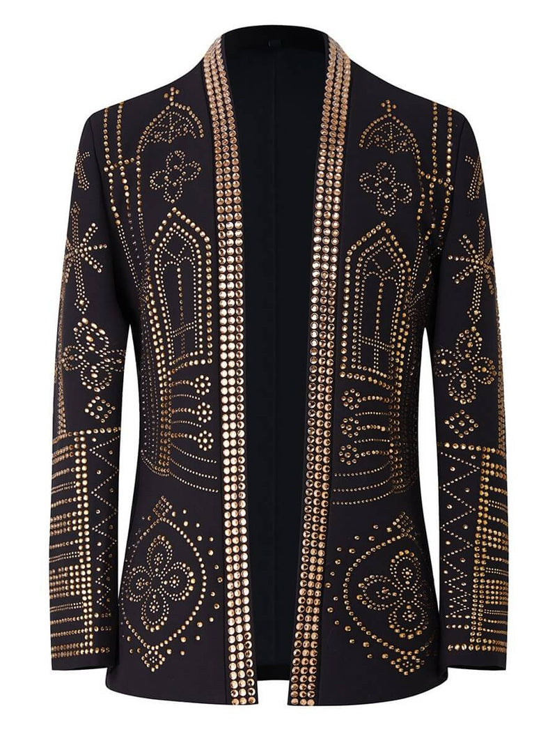 Mens Black Gold Geometric Rhinestone Stage Jacket for male musicians