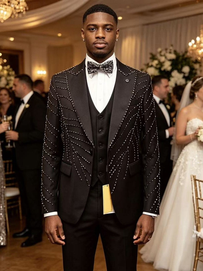 Men's Black Gold Studded 3 Piece Suit