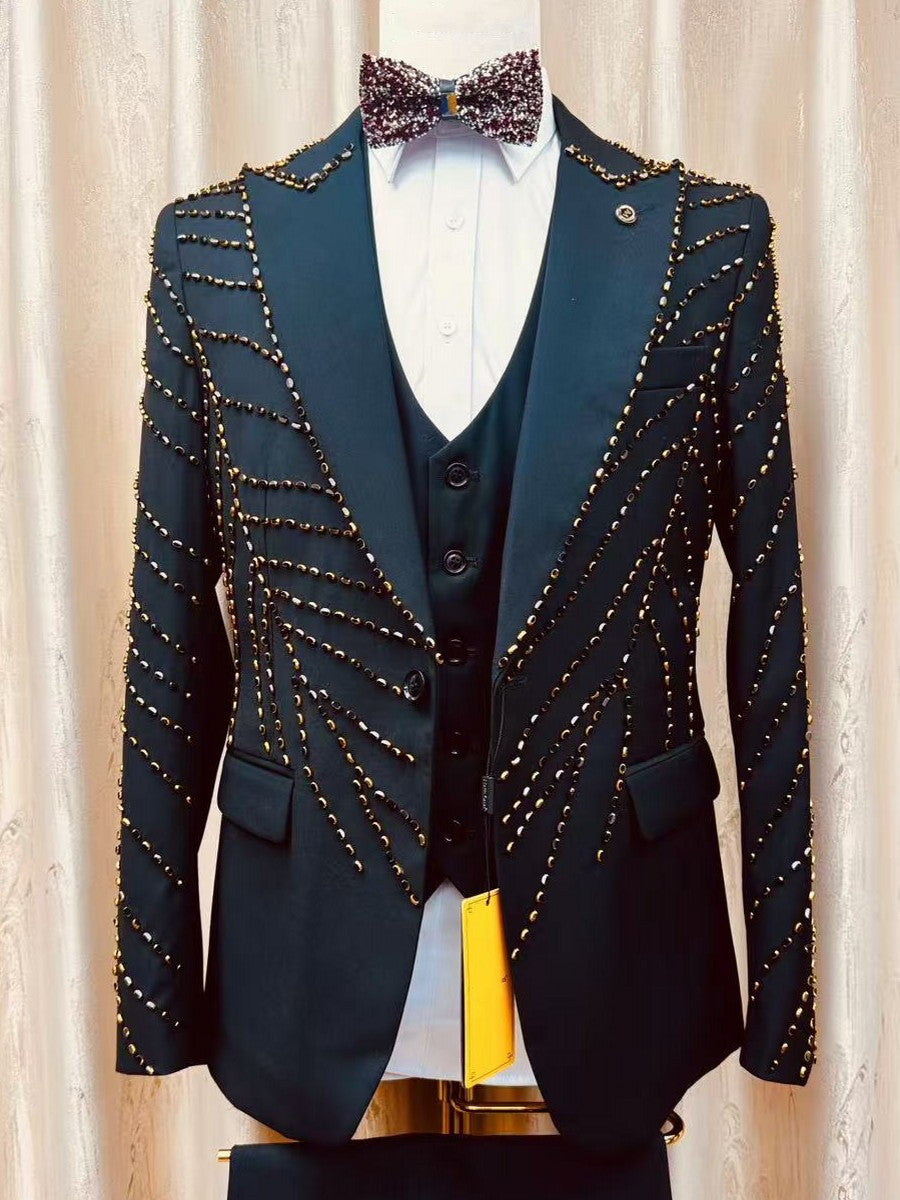 Men's Black Gold Studded 3 Piece Suit