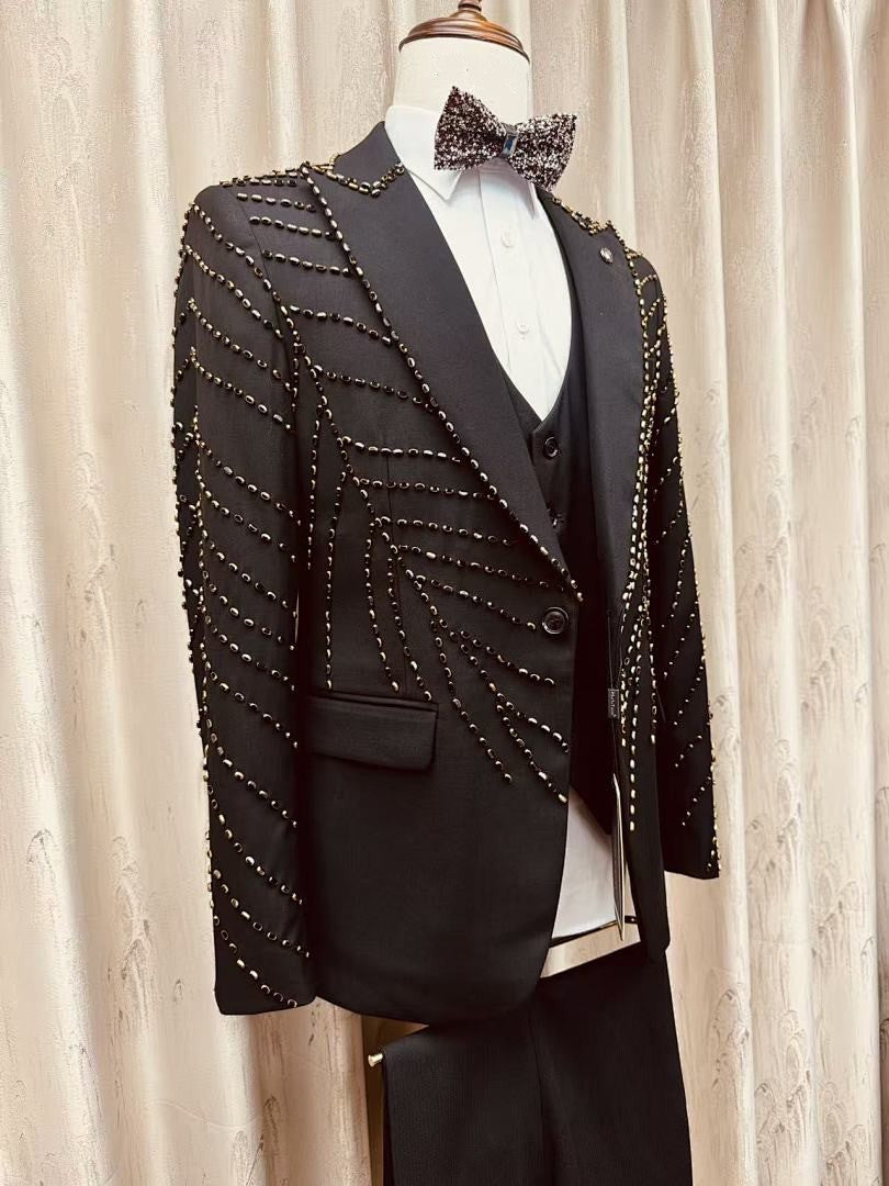 Men's Black Gold Studded 3 Piece Suit