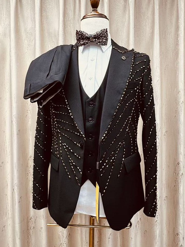 Men's Black Gold Studded 3 Piece Suit