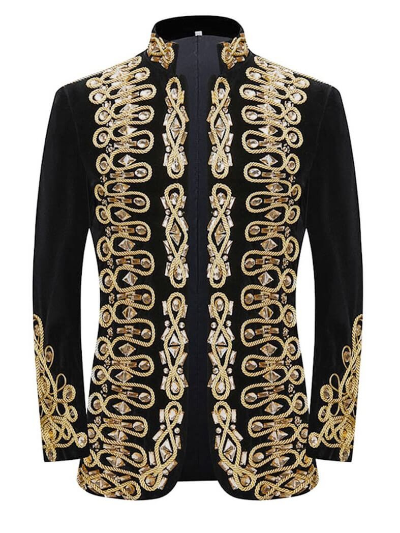 Men's Black Military Stage Jacket, Rhinestone Trim Performance Coat