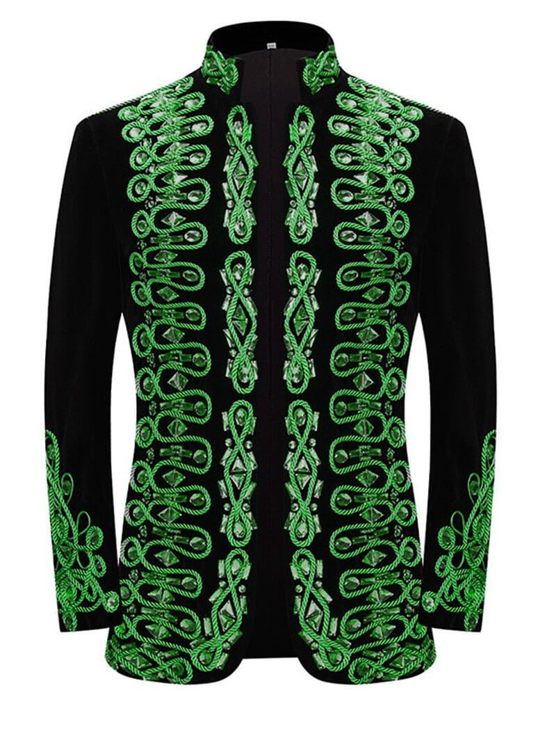 Men's Black Military Stage Jacket, Rhinestone Trim Performance Coat