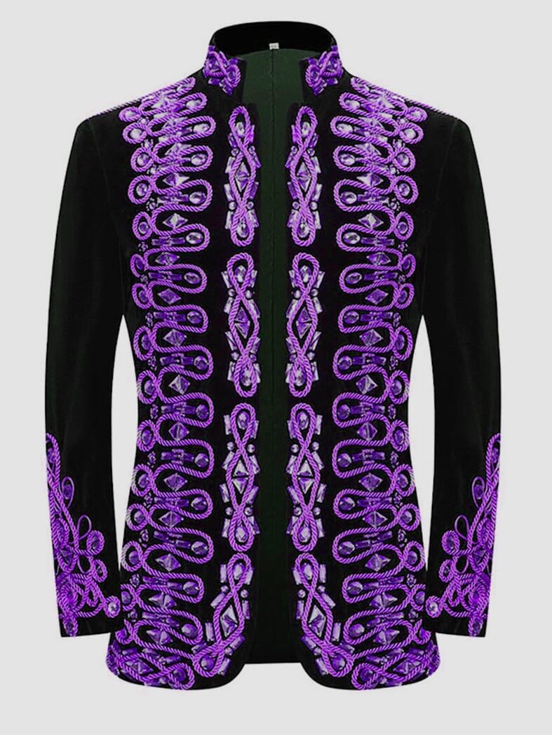 Men's Black Military Stage Jacket, Rhinestone Trim Performance Coat